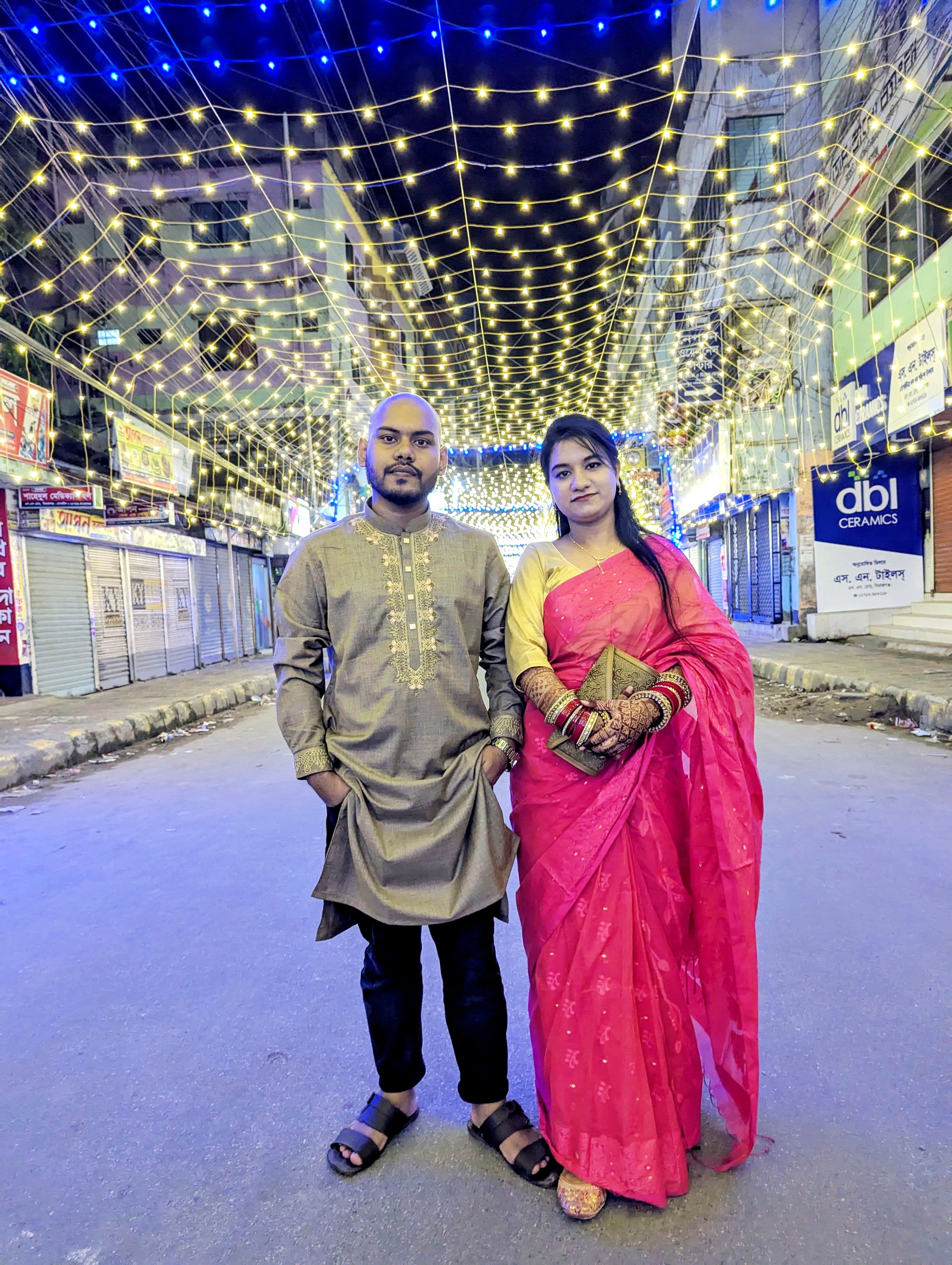 Our wedding night — fairy lights over the street